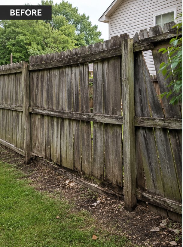 Weathered wood fence before repair