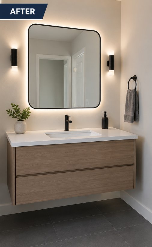 Floating vanity with backlit mirror after remodel