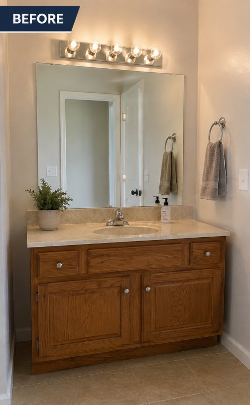 Dated oak vanity before remodel