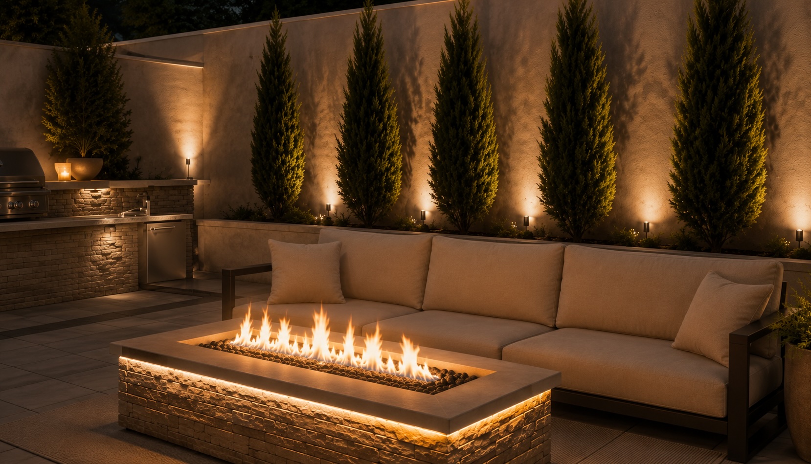 Stone fire pit and lounge seating at night